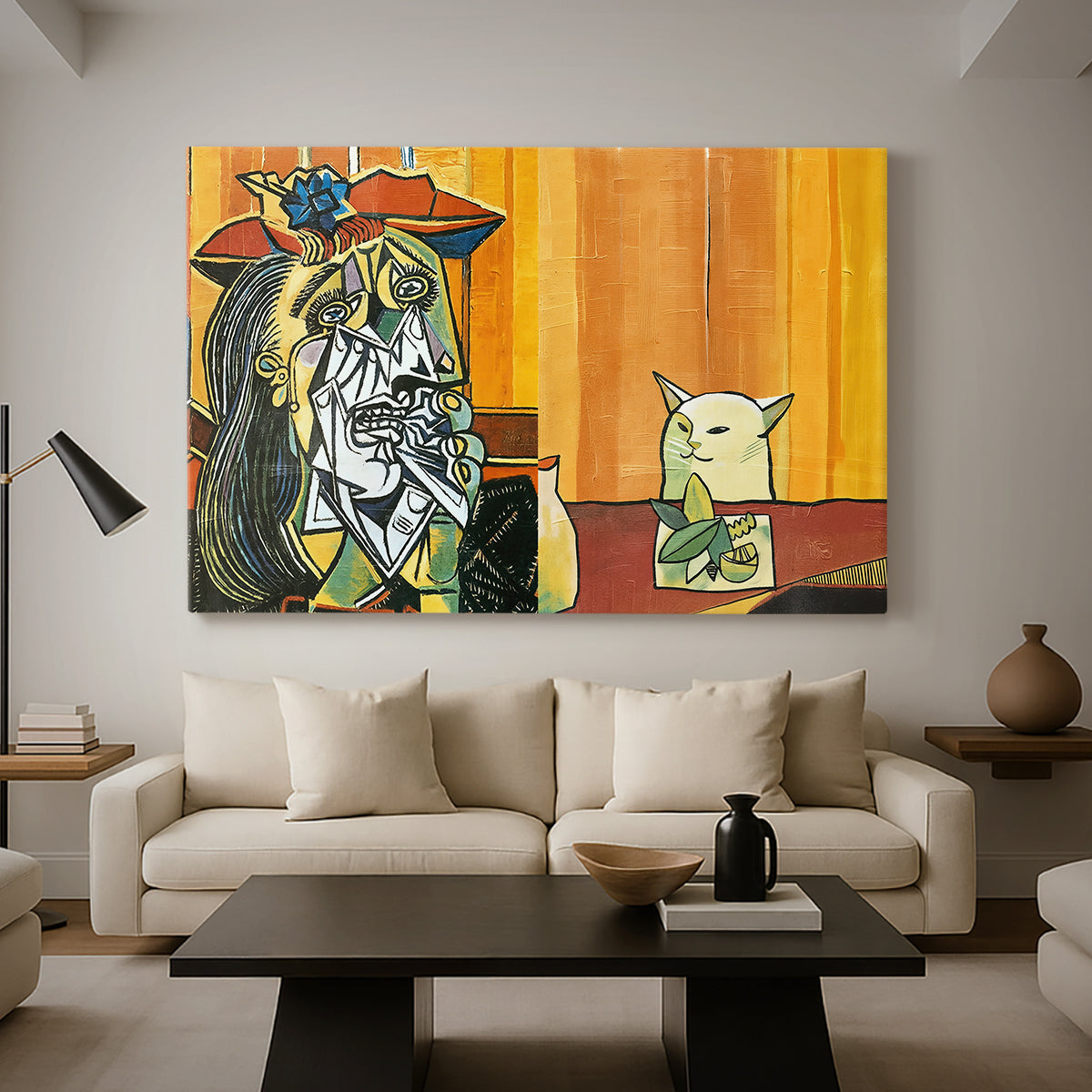 Canvas art print featuring a humorous distorted composition, displayed in a spacious living room