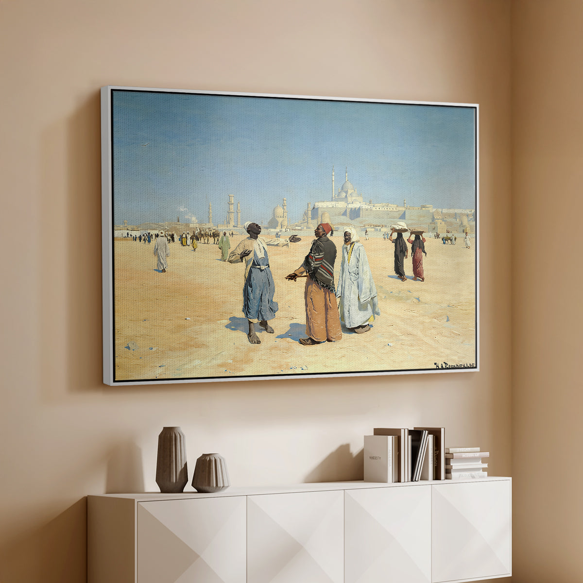 View from the Desert of Cairo with Citadel and Mamluk Tombs in the Background, c. 1889-1890 - Floater Framed Canvas Print