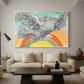 Canvas art print featuring a stylized animal form representing peace, displayed in a spacious living room