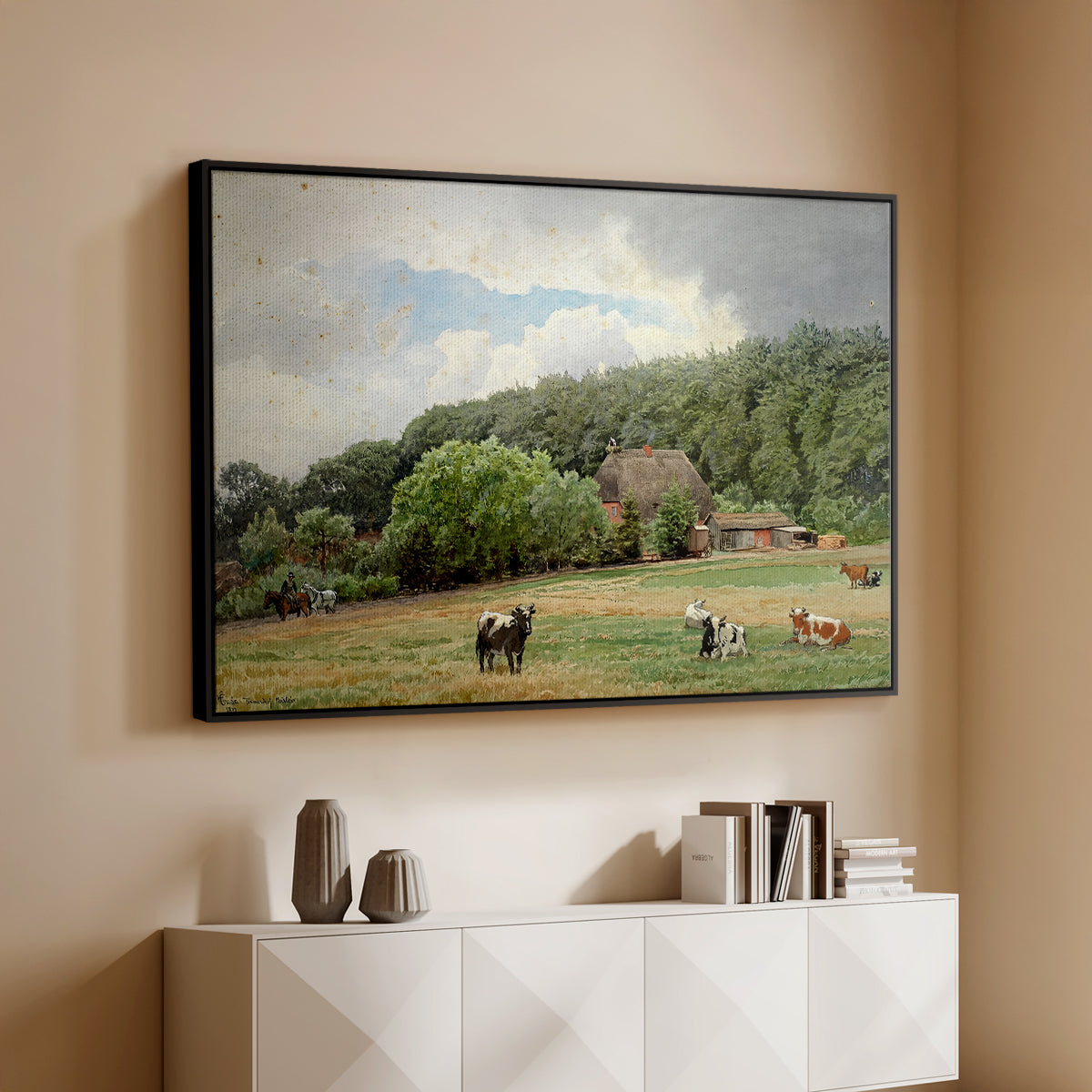 Farm with Grazing Cows (Bondegård med beitende kuer), 1892 - Floater Framed Canvas Print