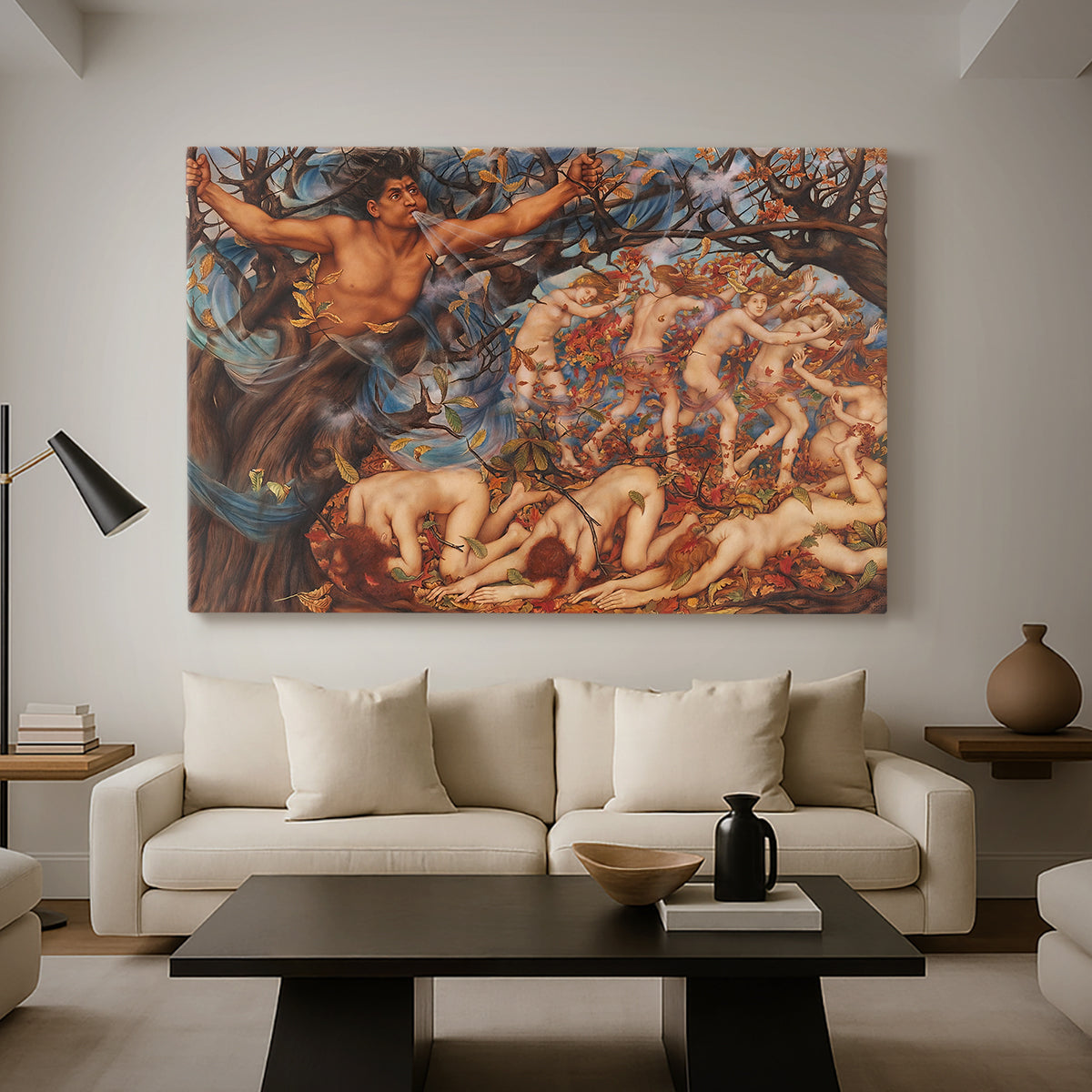 Canvas art print featuring an energetic depiction of figures swept through air by wind, displayed in a spacious living room