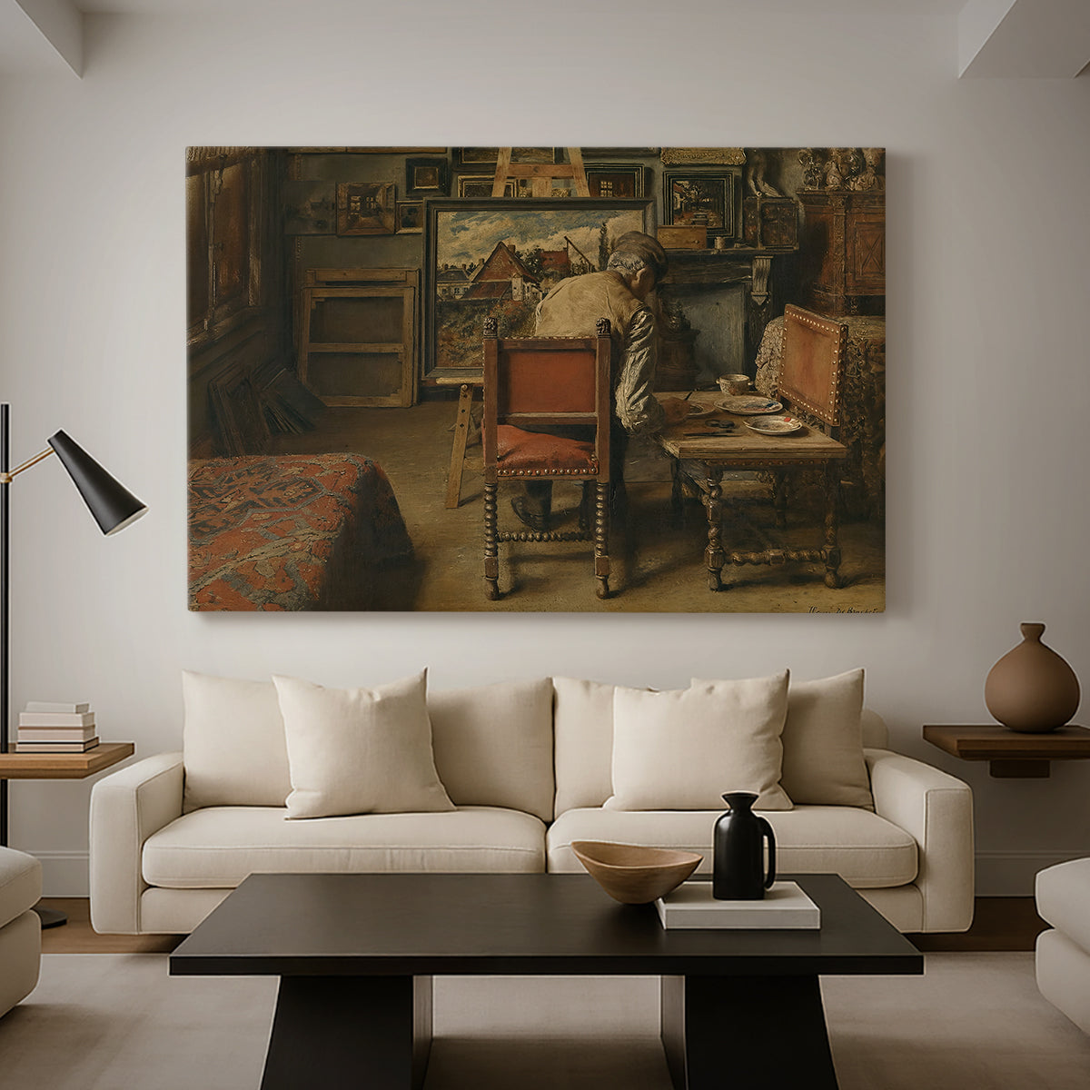Canvas art print featuring a craftsman focused on detailed work with tools and materials, displayed in a spacious living room