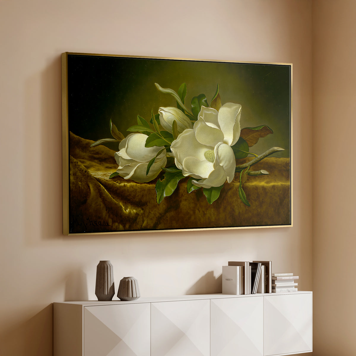 Magnolias on Gold Velvet Cloth, c. 1888-1890 - Floater Framed Canvas Print