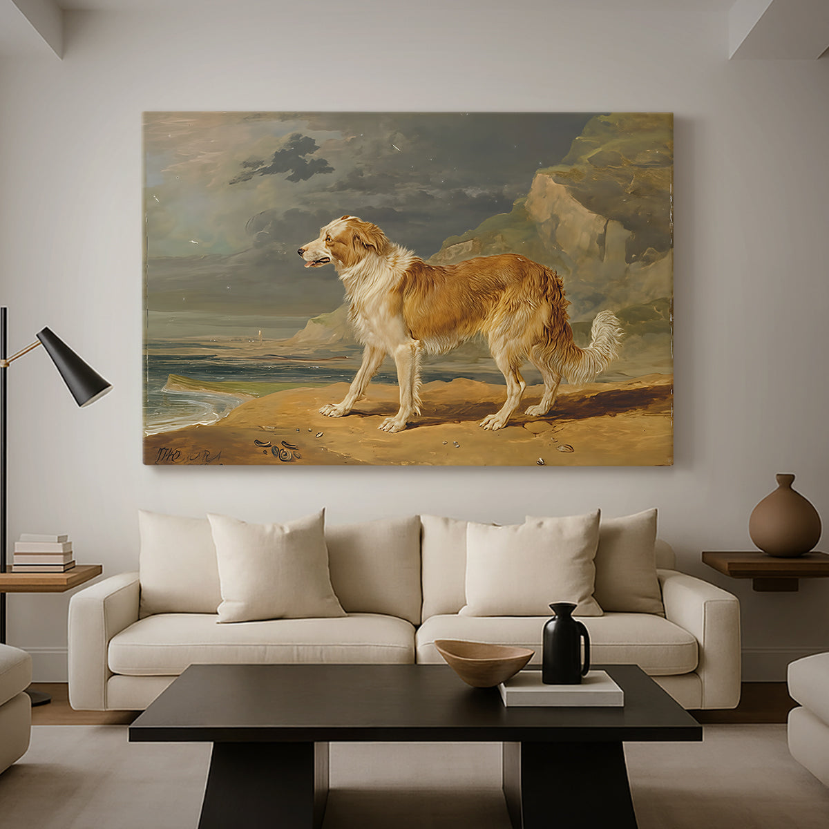 Canvas art print featuring a realistic depiction of collie in rural environment, displayed in a spacious living room