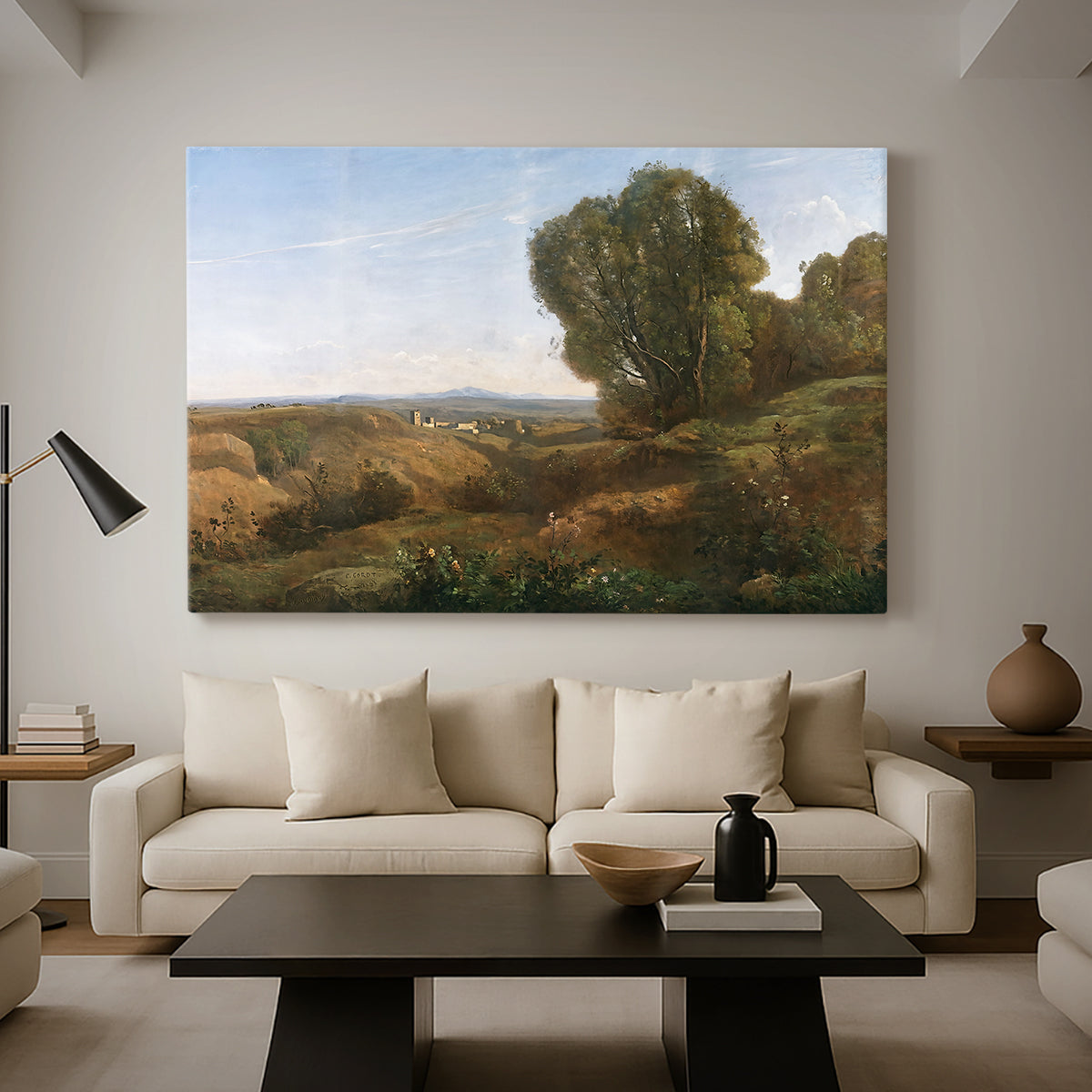 Canvas art print featuring a tranquil natural setting with subtle depth and light, displayed in a spacious living room