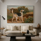Canvas art print featuring a realistic depiction of dog bred for hunting, displayed in a spacious living room