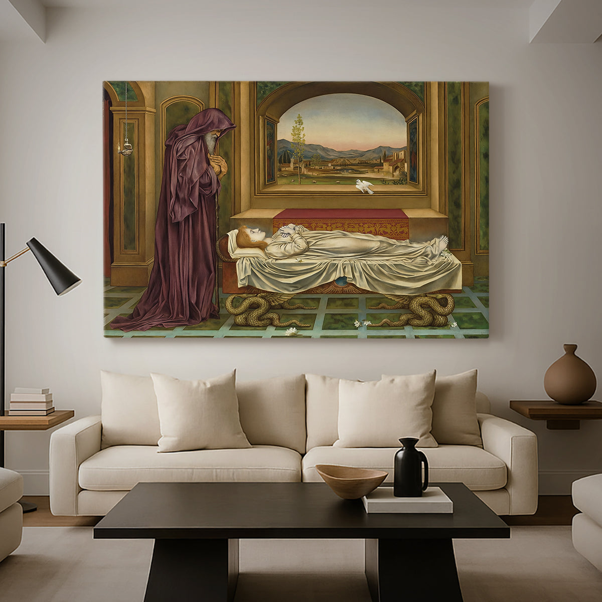 Canvas art print featuring an introspective scene with lone figure framed by interior elements, displayed in a spacious living room