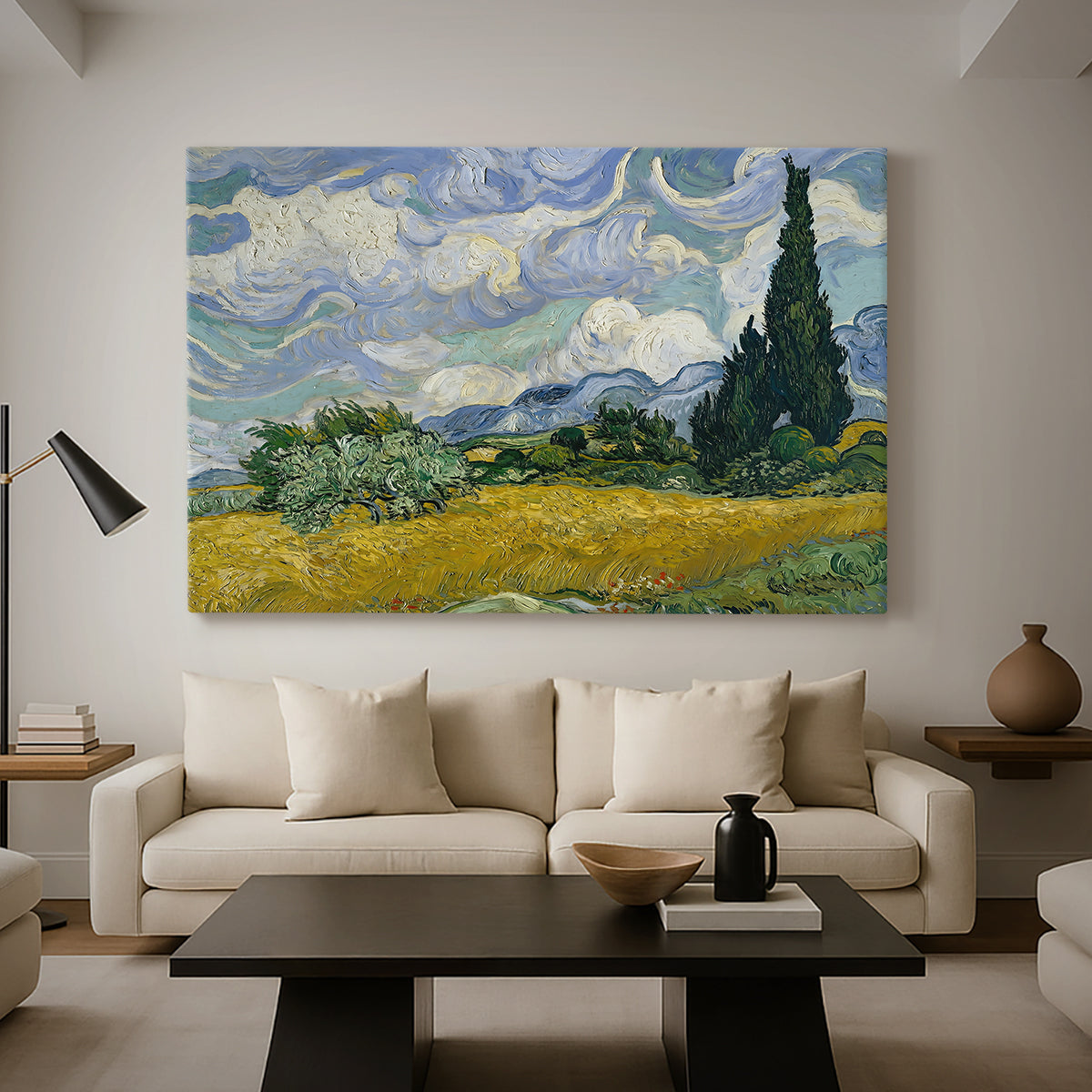 Canvas art print featuring a post-impressionist countryside scene with crops and sky, displayed in a spacious living room