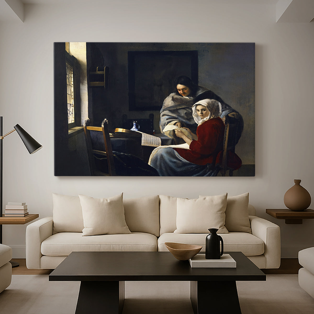 Canvas art print featuring a Baroque interior with paused musical activity, displayed in a spacious living room