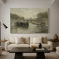 Canvas art print featuring a quiet riverside view with a bridge and subdued tones, displayed in a spacious living room