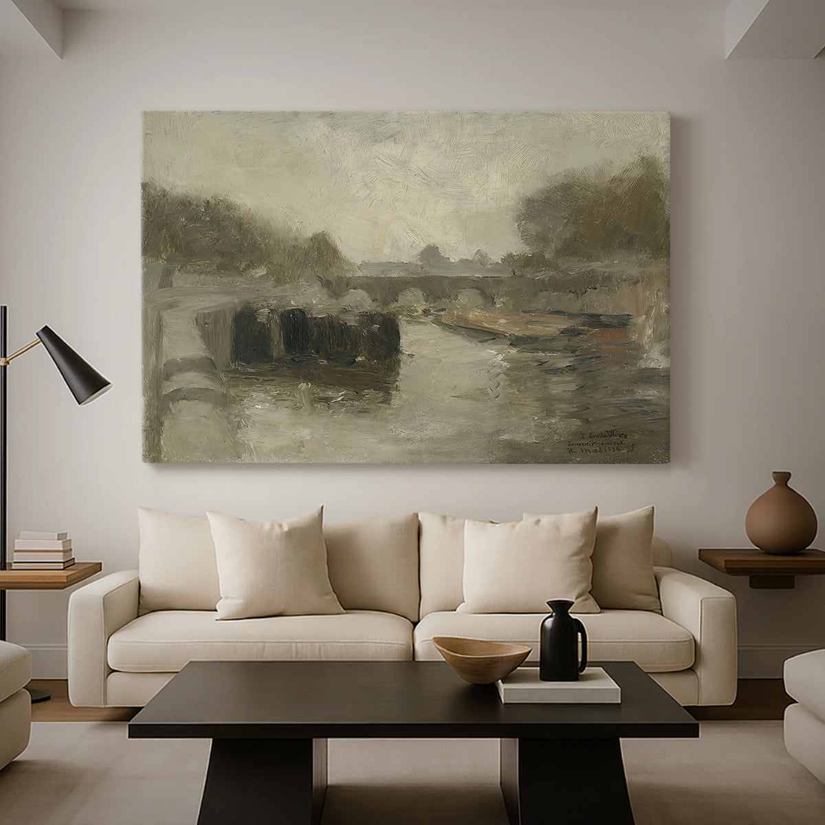 Canvas art print featuring a quiet riverside view with a bridge and subdued tones, displayed in a spacious living room