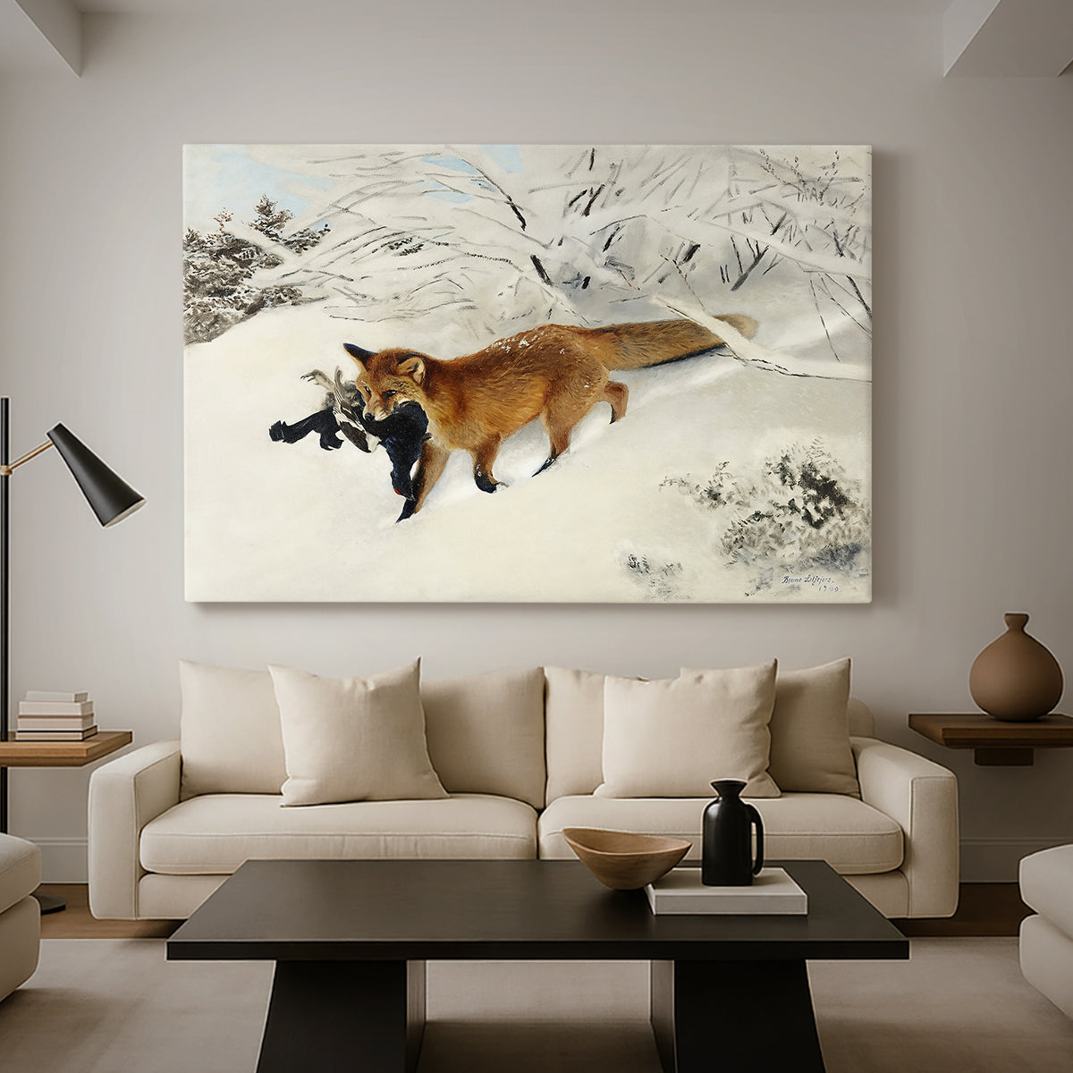 Canvas art print featuring a red fox crossing snow-covered ground under pale sky, displayed in a spacious living room