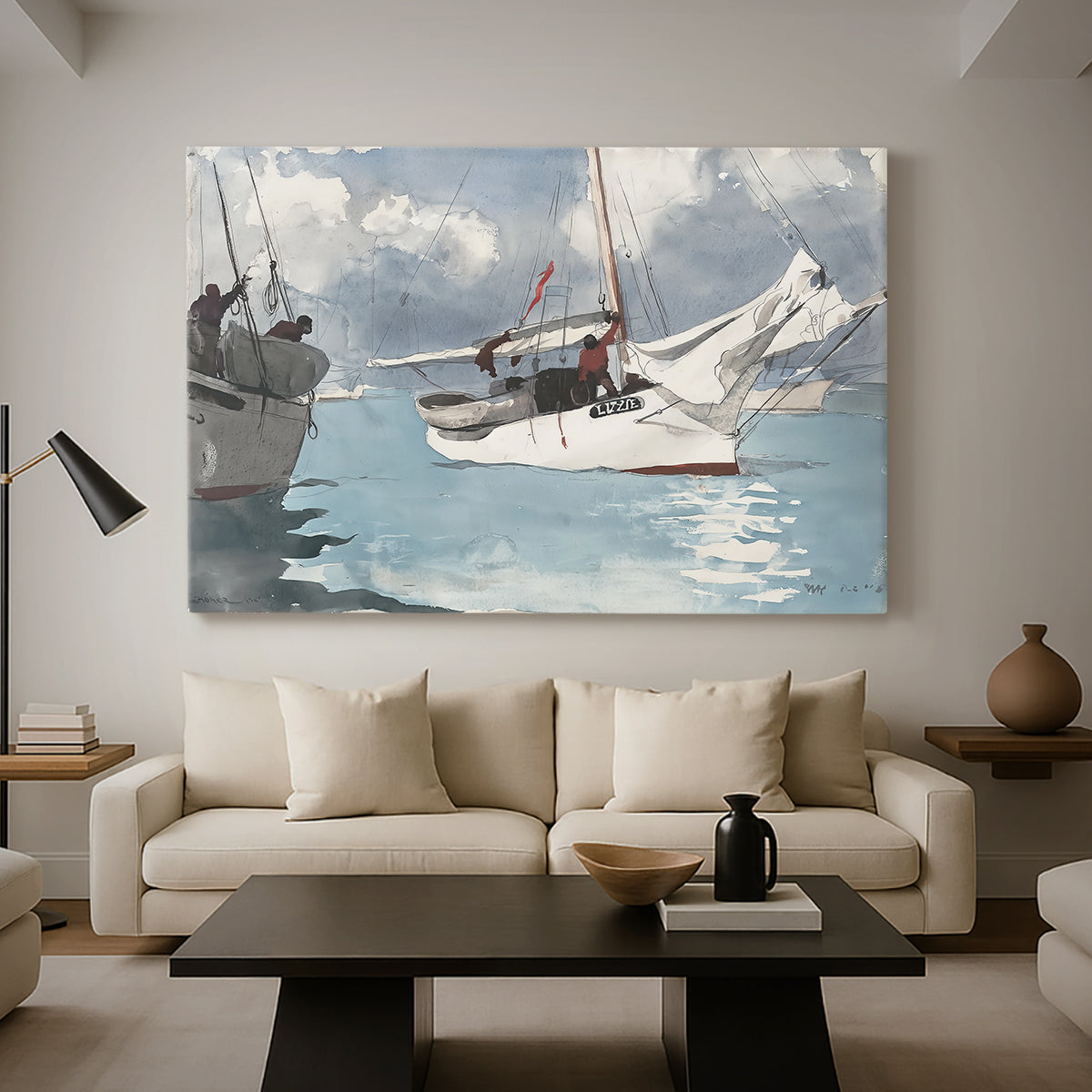 Canvas art print featuring a maritime composition featuring boats and calm sea surface, displayed in a spacious living room