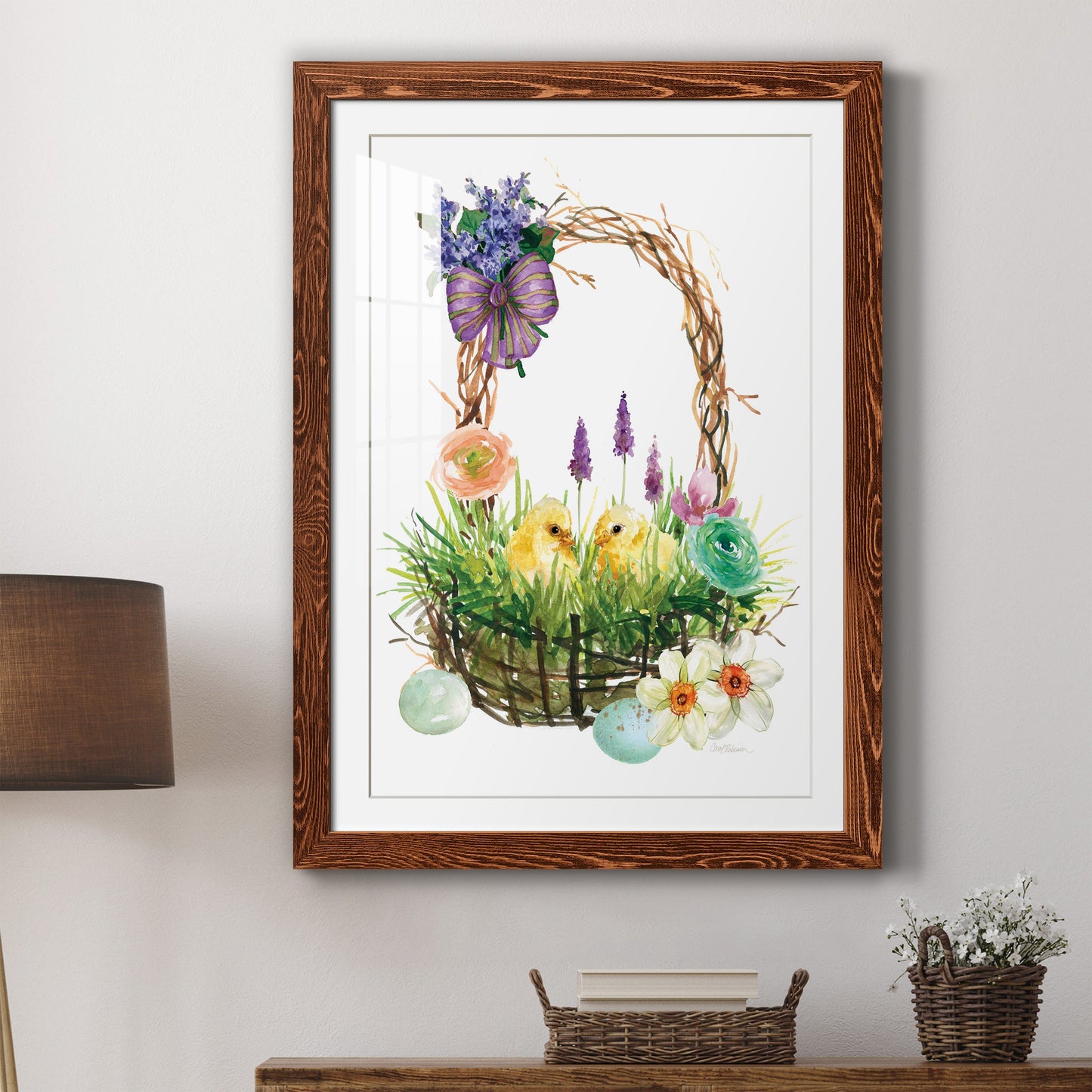 Spring Chick Basket - Premium Framed Print - Distressed Barnwood Frame - Ready to Hang