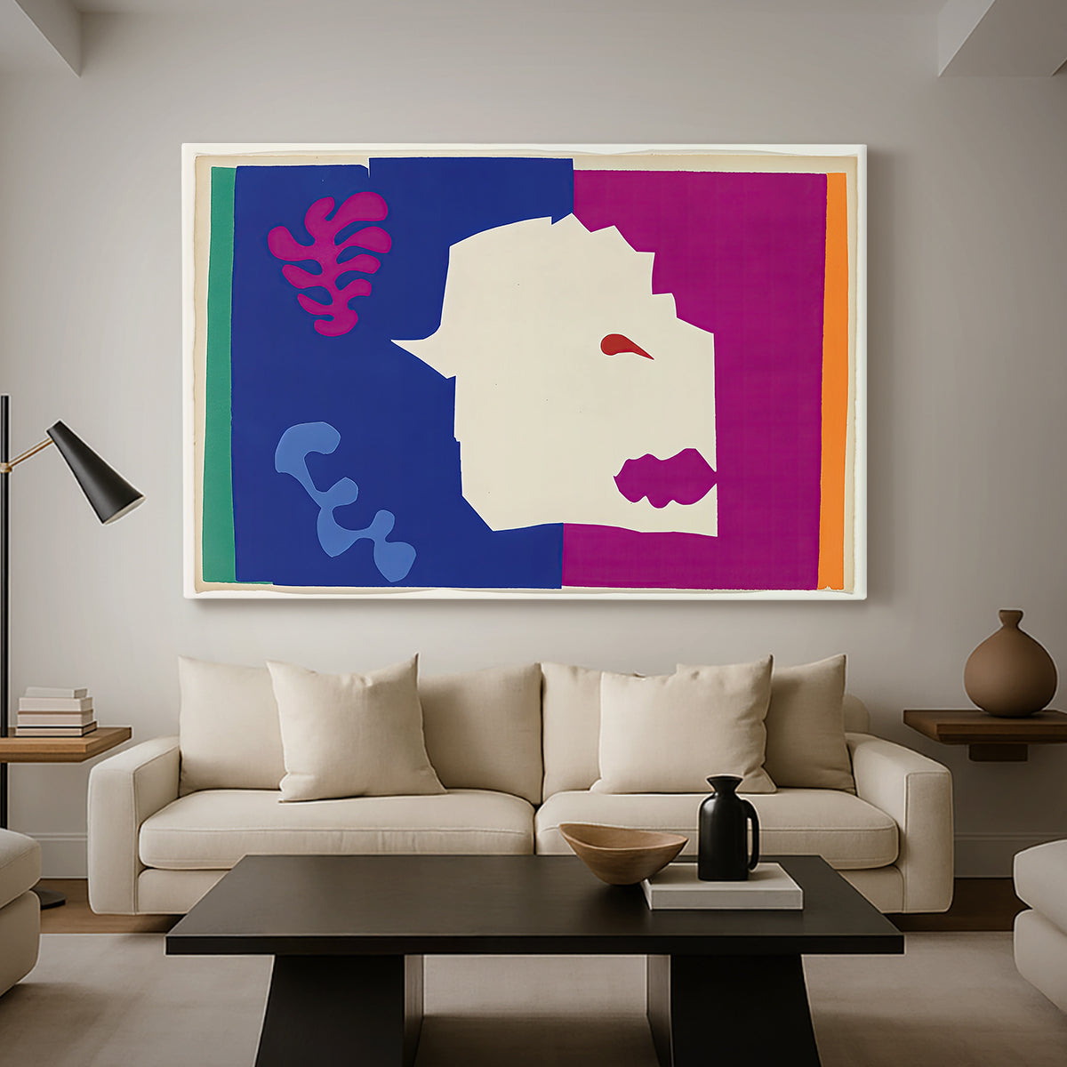Canvas art print featuring an expressive abstract wolf form, displayed in a spacious living room