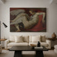 Canvas art print featuring an expressive figure study combining human and animal, displayed in a spacious living room