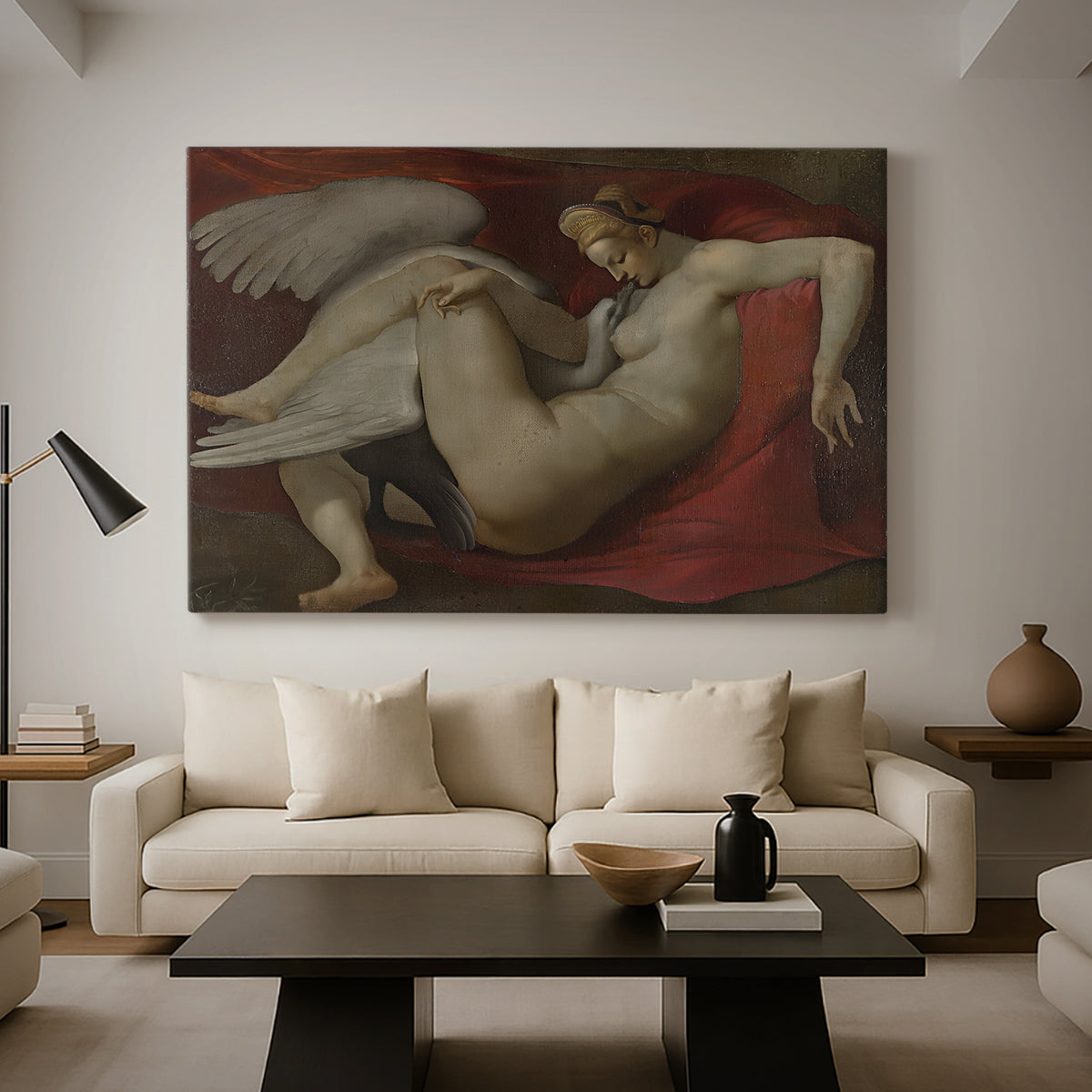 Canvas art print featuring an expressive figure study combining human and animal, displayed in a spacious living room