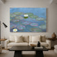 Canvas art print featuring a tranquil water surface covered with blooming lilies, displayed in a spacious living room