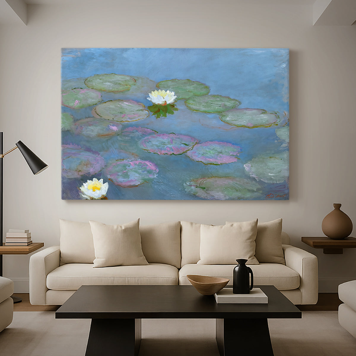 Canvas art print featuring a tranquil water surface covered with blooming lilies, displayed in a spacious living room
