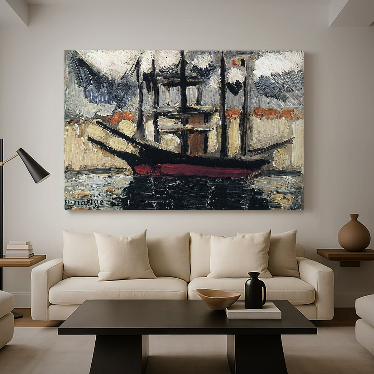 Canvas art print featuring a Fauvist maritime view, displayed in a spacious living room