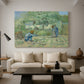 Canvas art print featuring a post-impressionist narrative scene with figures in field, displayed in a spacious living room