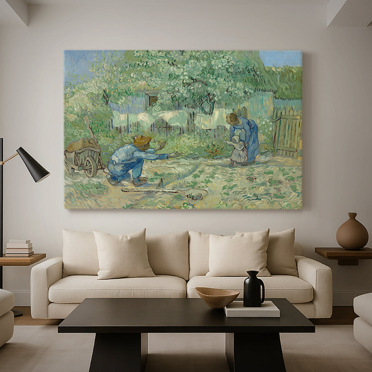 Canvas art print featuring a post-impressionist narrative scene with figures in field, displayed in a spacious living room