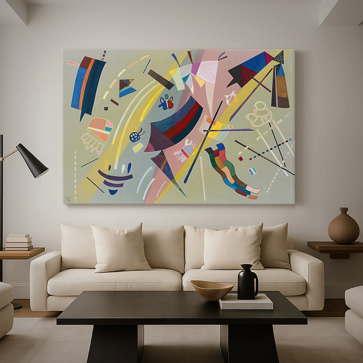 Canvas art print featuring an abstract arrangement combining linear elements and color accents, displayed in a spacious living room