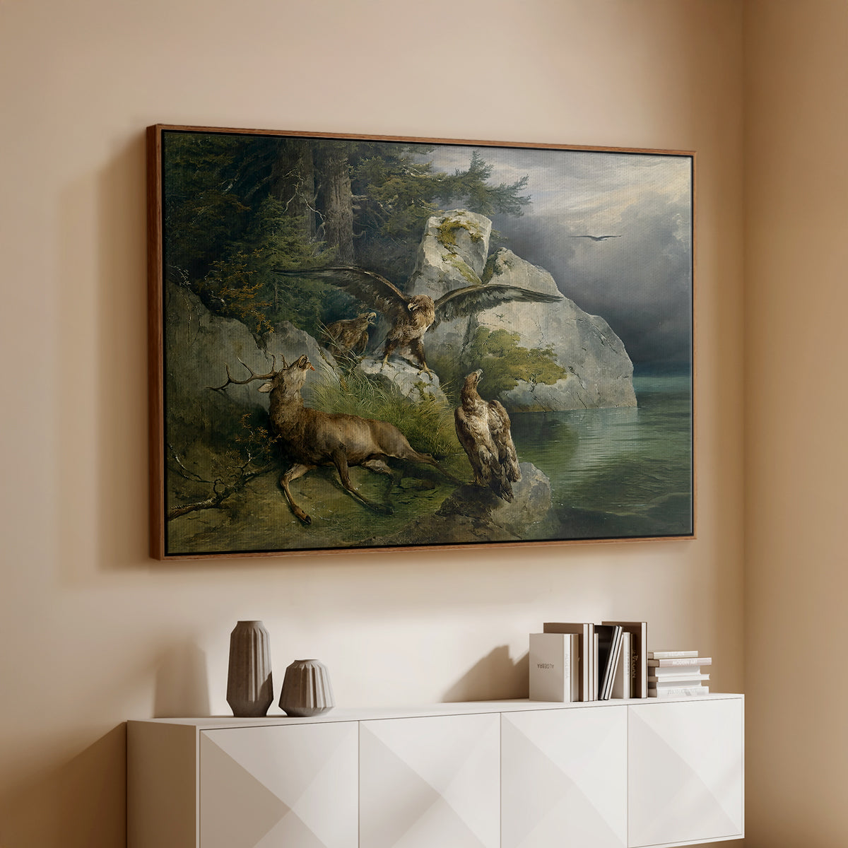 Eagles and Dying Stag on a Lakeshore, 1836 - Floater Framed Canvas Print