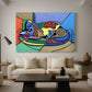 Canvas art print featuring an abstract dog with color blocks, displayed in a spacious living room