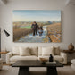 Canvas art print featuring an emotional depiction of two figures walking in open terrain, displayed in a spacious living room