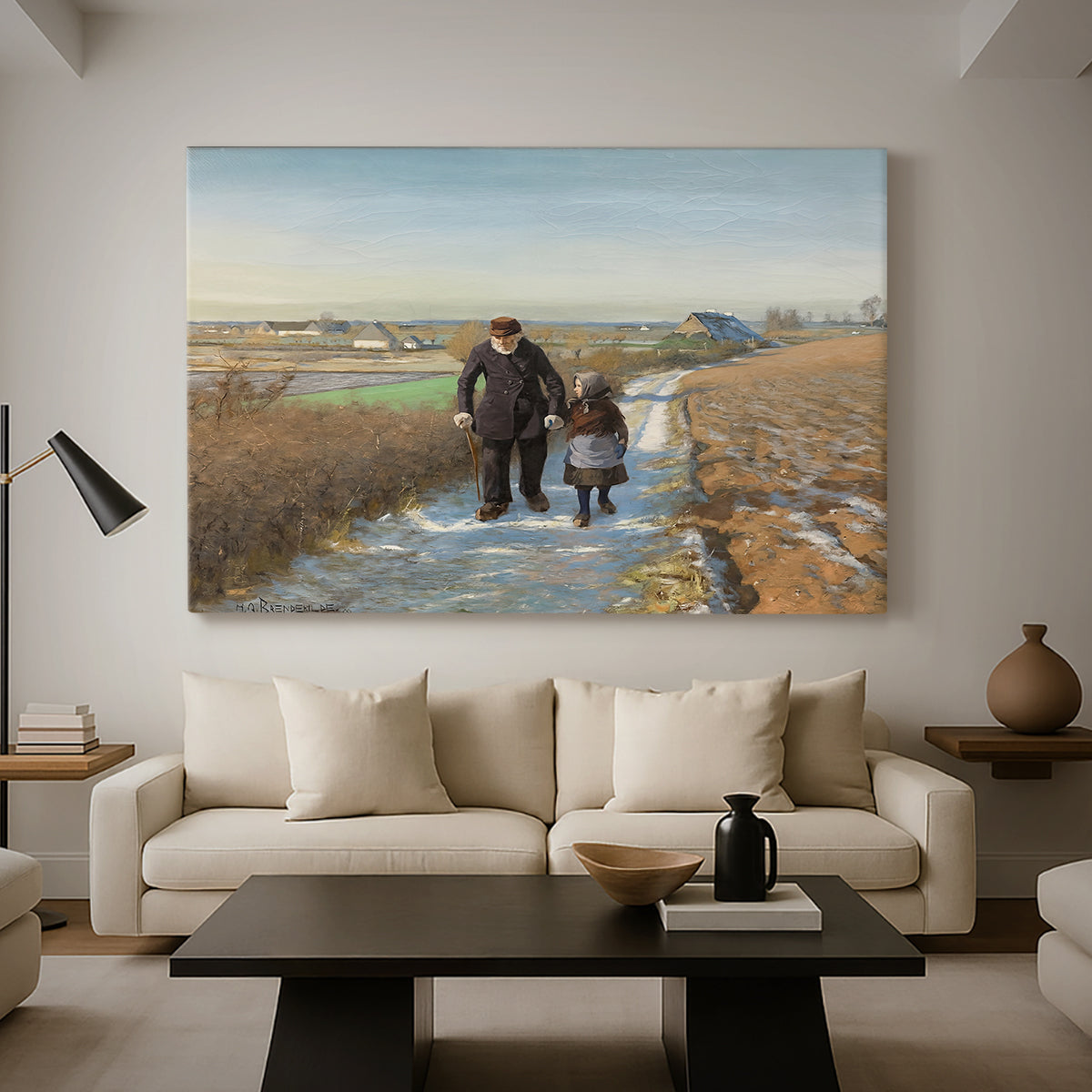 Canvas art print featuring an emotional depiction of two figures walking in open terrain, displayed in a spacious living room