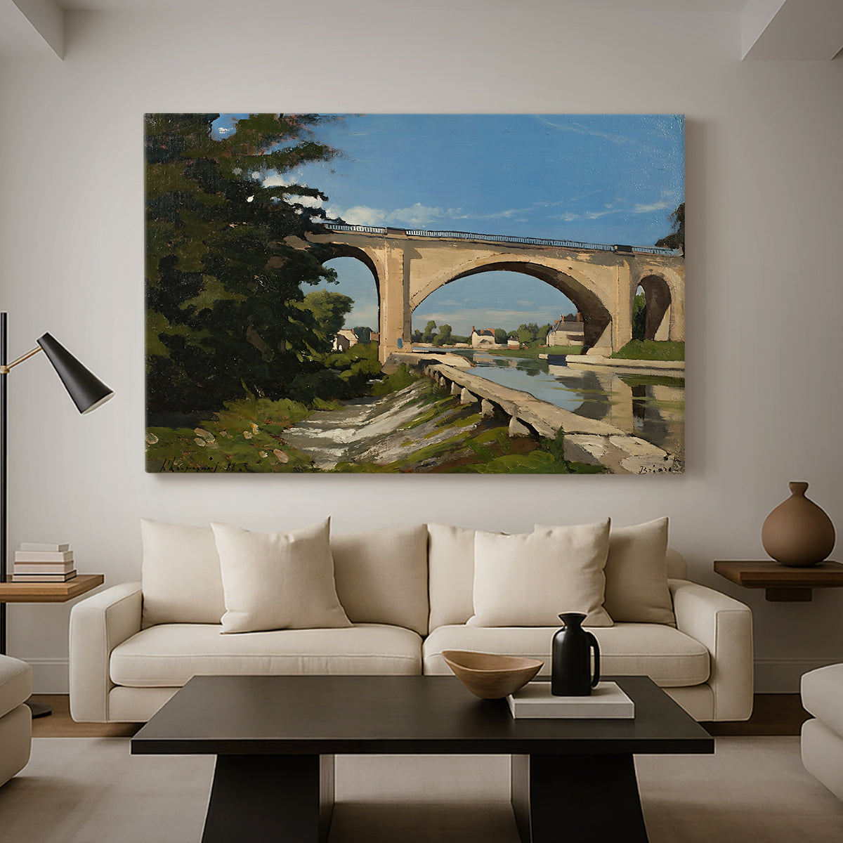 Canvas art print featuring a scenic view of bridge with water and surrounding environment, displayed in a spacious living room