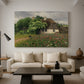 Canvas art print featuring a pastoral scene with house and colorful flowers in field, displayed in a spacious living room