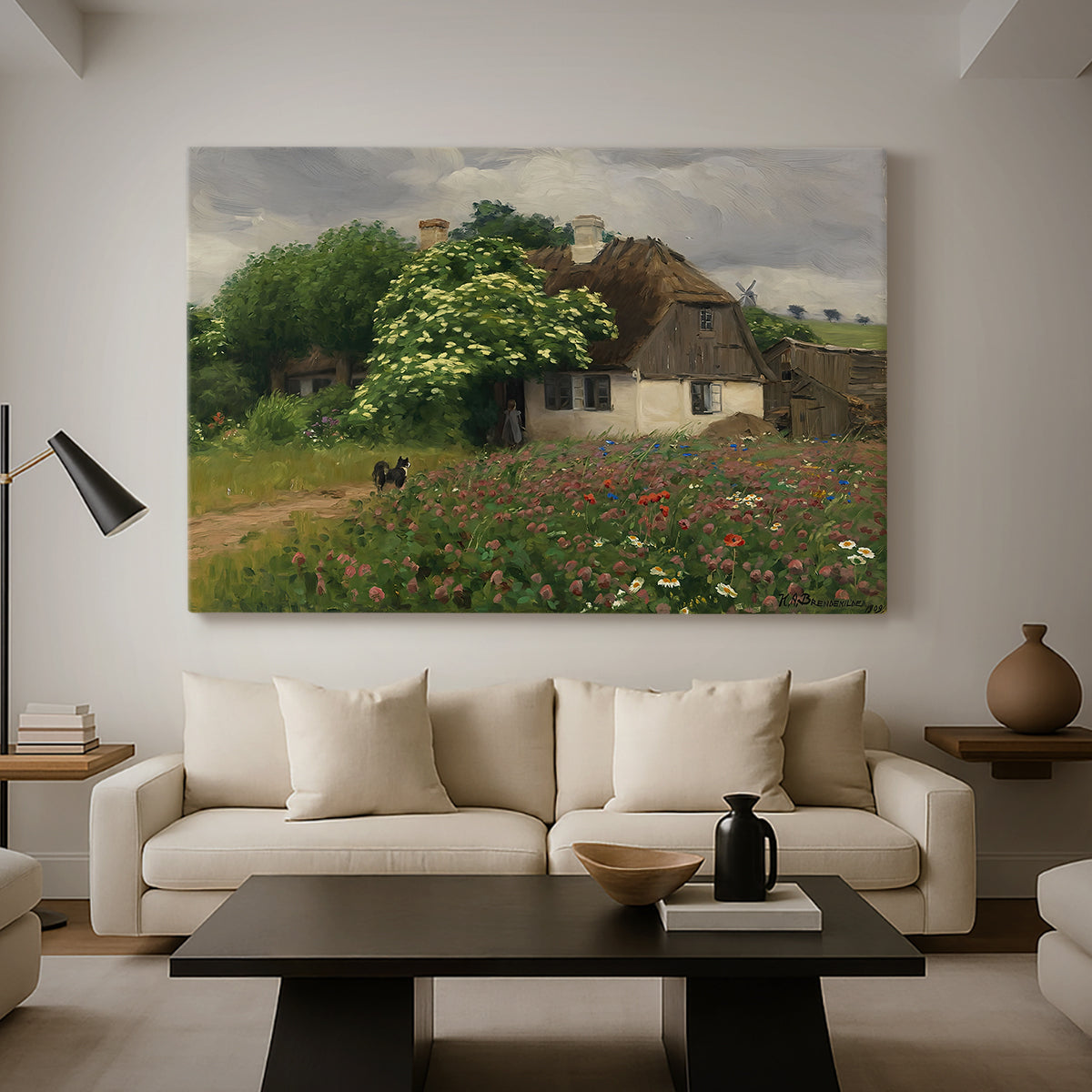 Canvas art print featuring a pastoral scene with house and colorful flowers in field, displayed in a spacious living room