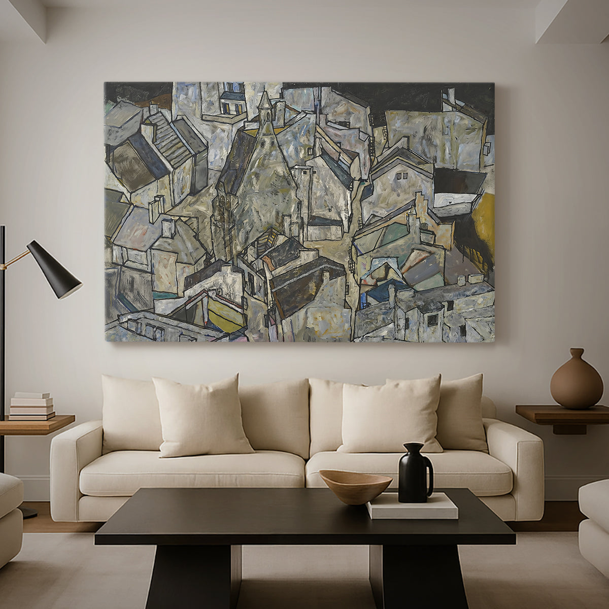 Canvas art print featuring an abstracted town view with angular rooftops and fragmented forms, displayed in a spacious living room