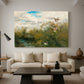 Canvas art print featuring a group of ducks foraging in natural marsh setting, displayed in a spacious living room