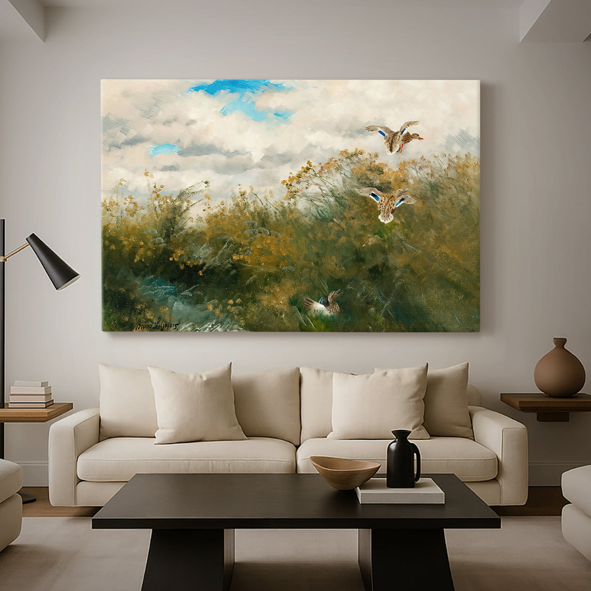 Canvas art print featuring a group of ducks foraging in natural marsh setting, displayed in a spacious living room