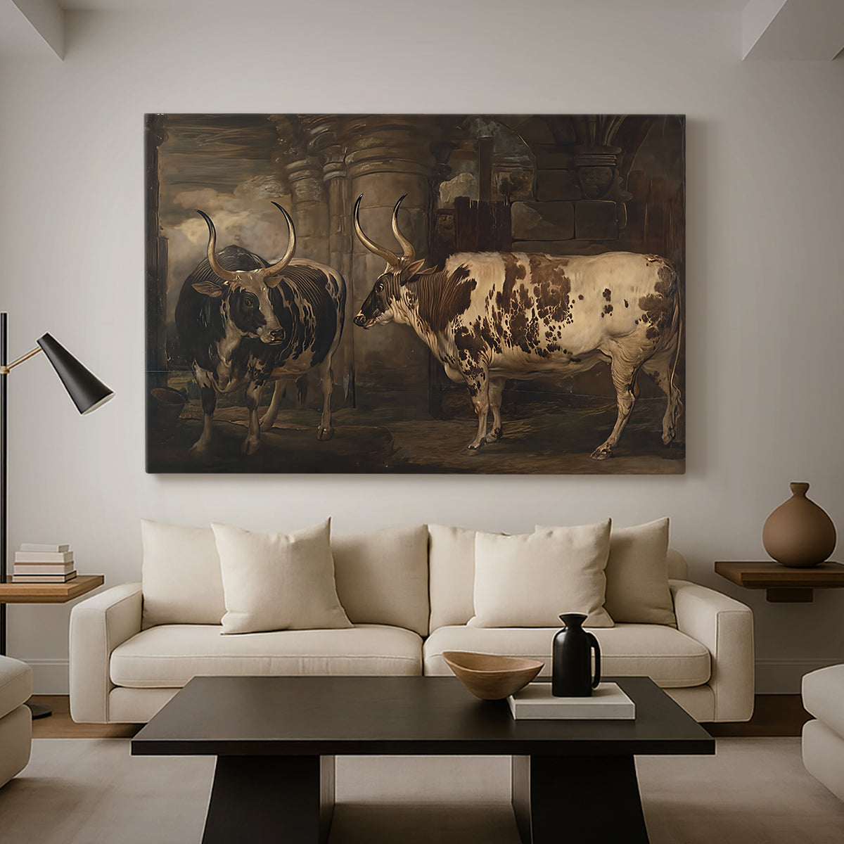 Canvas art print featuring a realistic depiction of cattle in countryside setting, displayed in a spacious living room