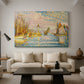 Canvas art print featuring a pointillist lighthouse view, displayed in a spacious living room