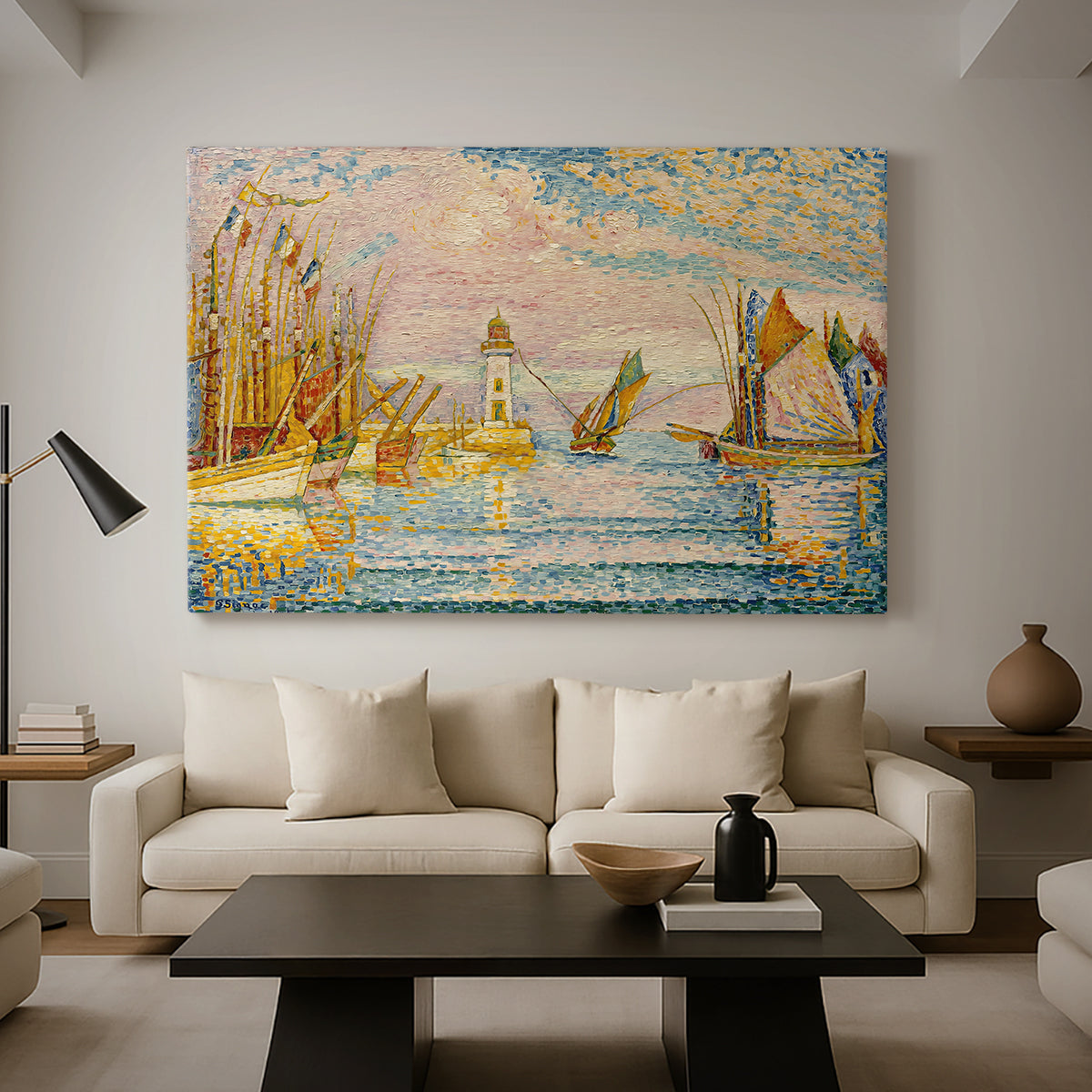 Canvas art print featuring a pointillist lighthouse view, displayed in a spacious living room