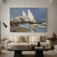 Canvas art print featuring an impressionist beach view with transport and figures, displayed in a spacious living room