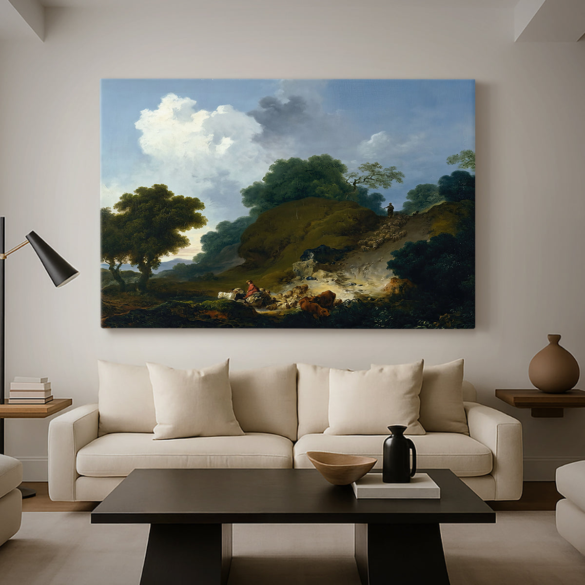 Canvas art print featuring a Rococo landscape with sheep across field, displayed in a spacious living room