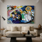 Canvas art print featuring a dynamic arrangement combining abstraction with figurative hints, displayed in a spacious living room