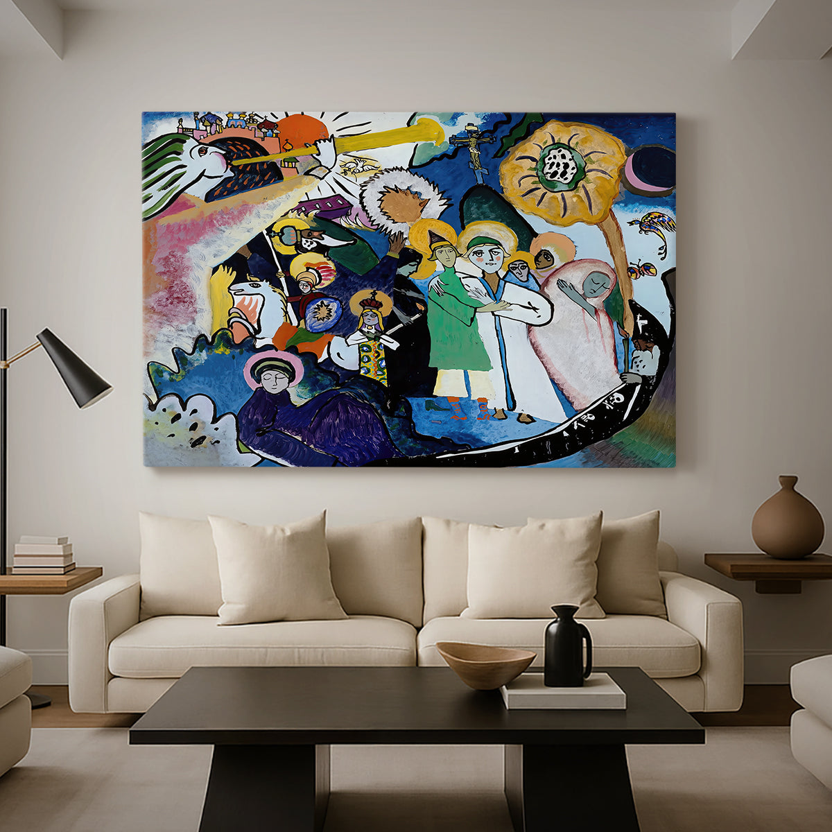 Canvas art print featuring a dynamic arrangement combining abstraction with figurative hints, displayed in a spacious living room