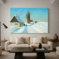 Canvas art print featuring a winter day with fresh snow and figure working outdoors, displayed in a spacious living room