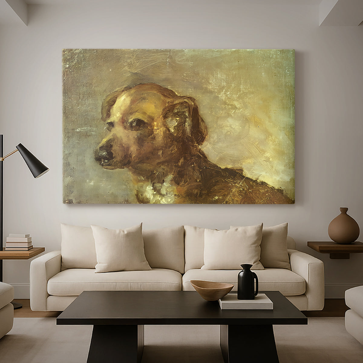 Canvas art print featuring an intimate animal study with soft lighting, displayed in a spacious living room