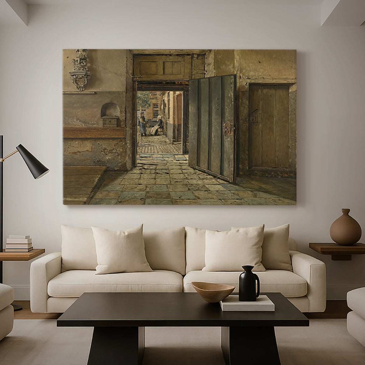 Canvas art print featuring a composition focusing on interaction within minimal space, displayed in a spacious living room