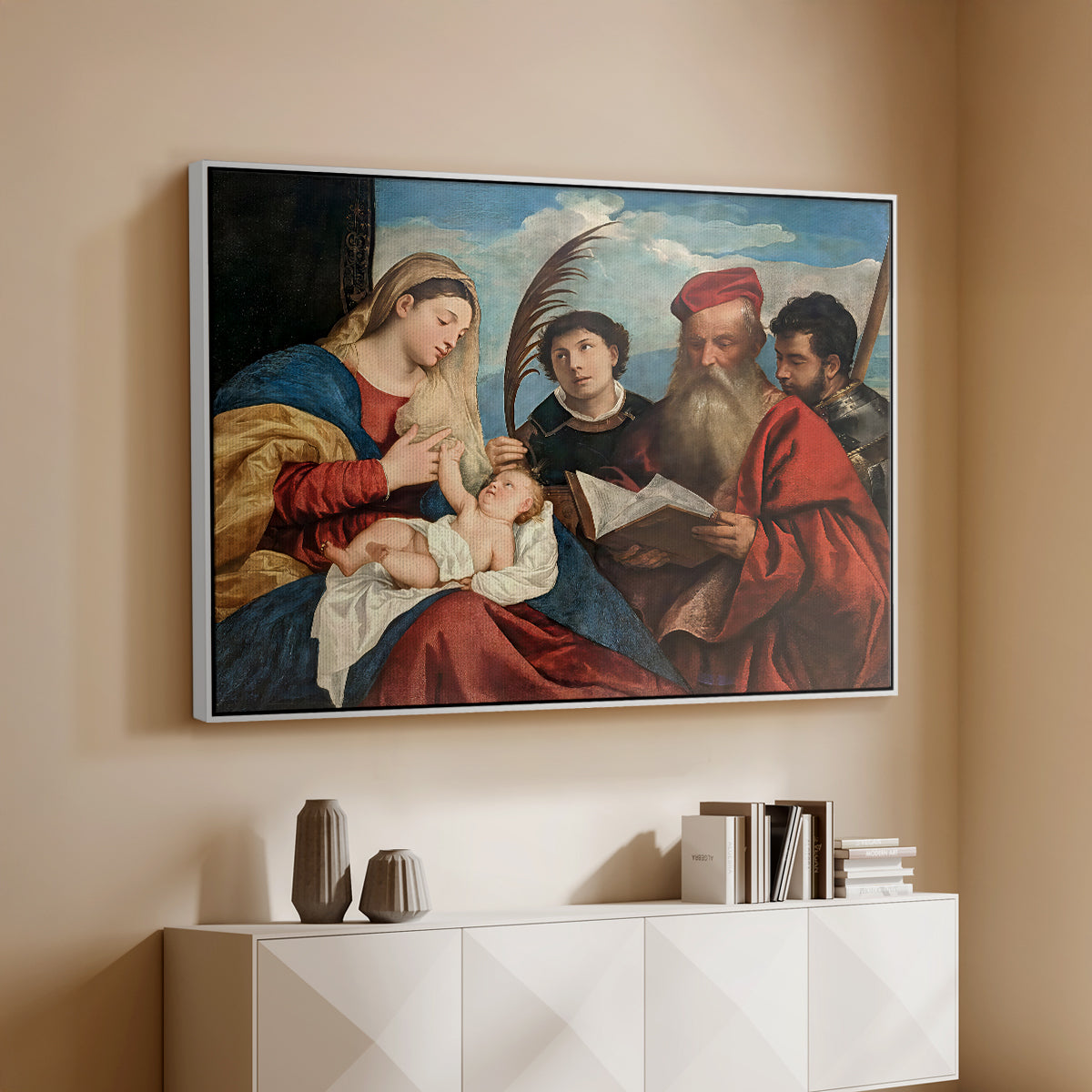 Mary and Child with Saints Stephen, Jerome and Maurice, c. 1510 - Floater Framed Canvas Print