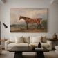 Canvas art print featuring a realistic depiction of hunter in natural terrain, displayed in a spacious living room