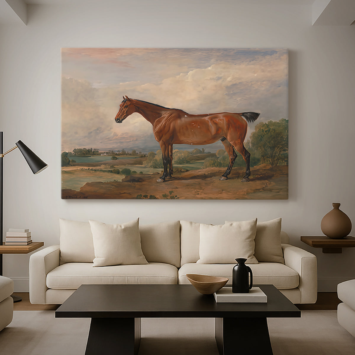 Canvas art print featuring a realistic depiction of hunter in natural terrain, displayed in a spacious living room
